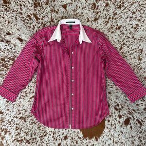 Lauren Ralph Lauren Pink Striped Shirt With White Collar 3/4 Sleeves Size Small